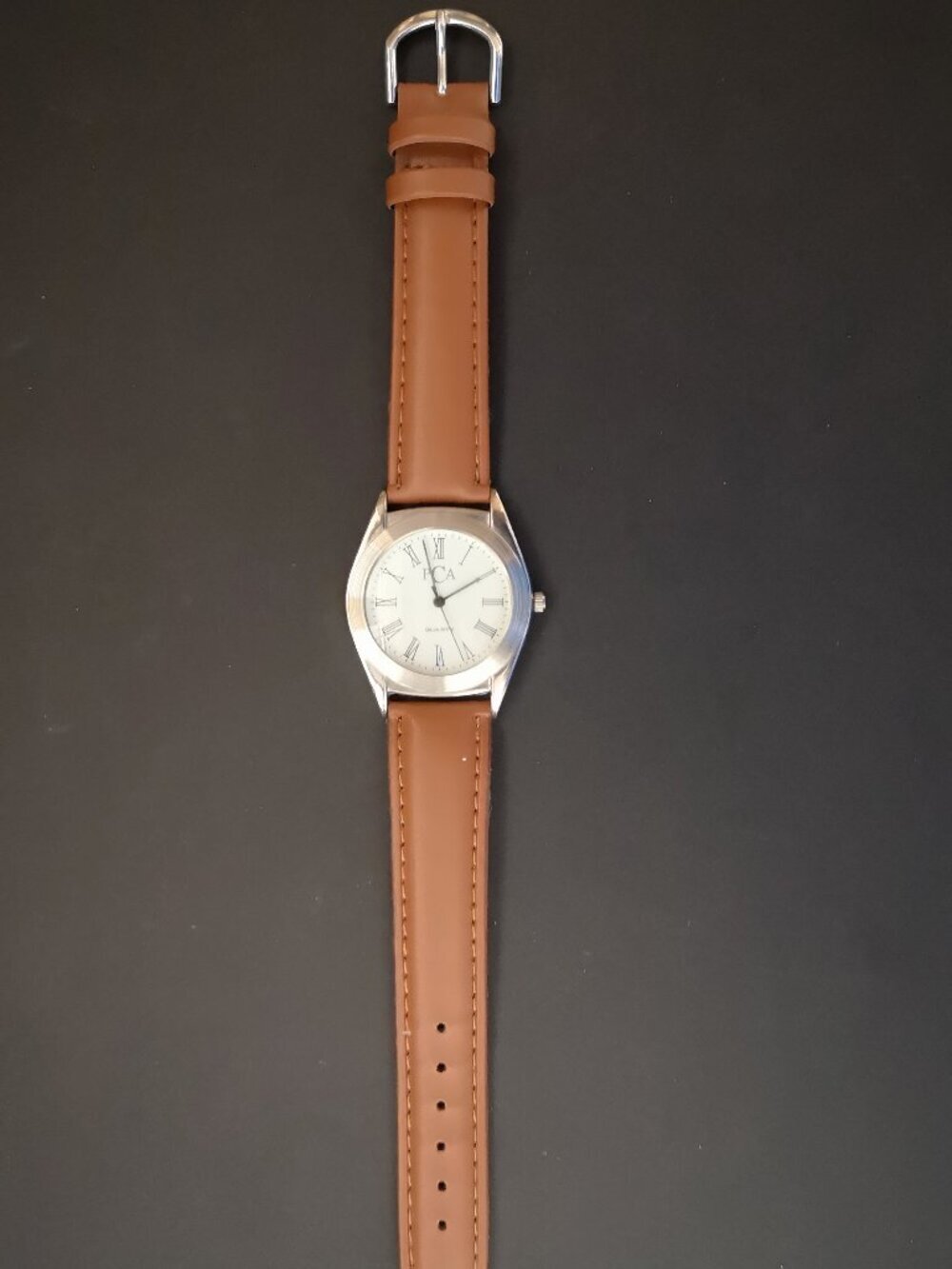 PCA Unisex Wristwatch w/ Light Brown Leather Strap Roman Numerals on White Dial